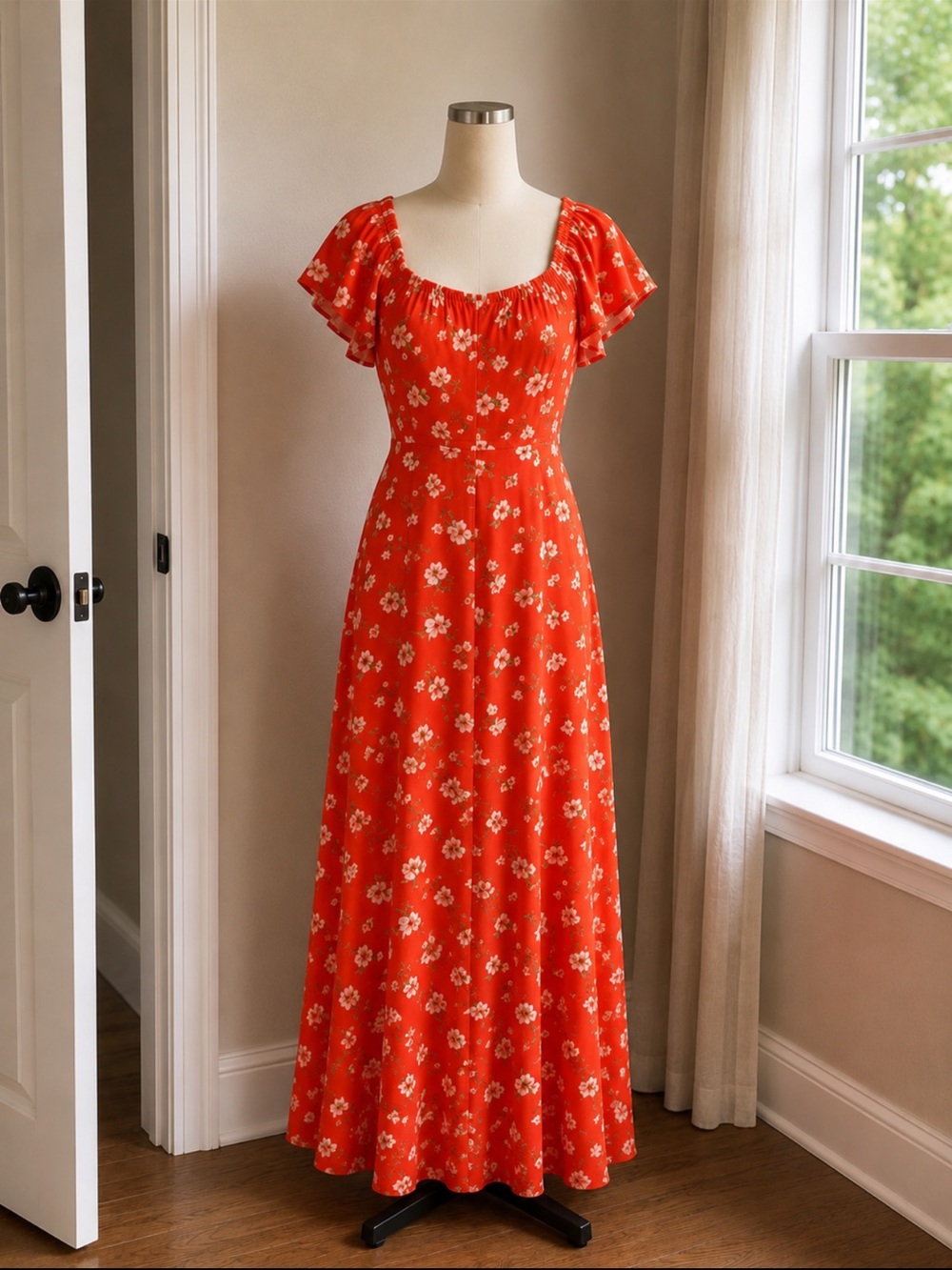 Old Navy Red Floral Puff-Sleeve Maxi Dress